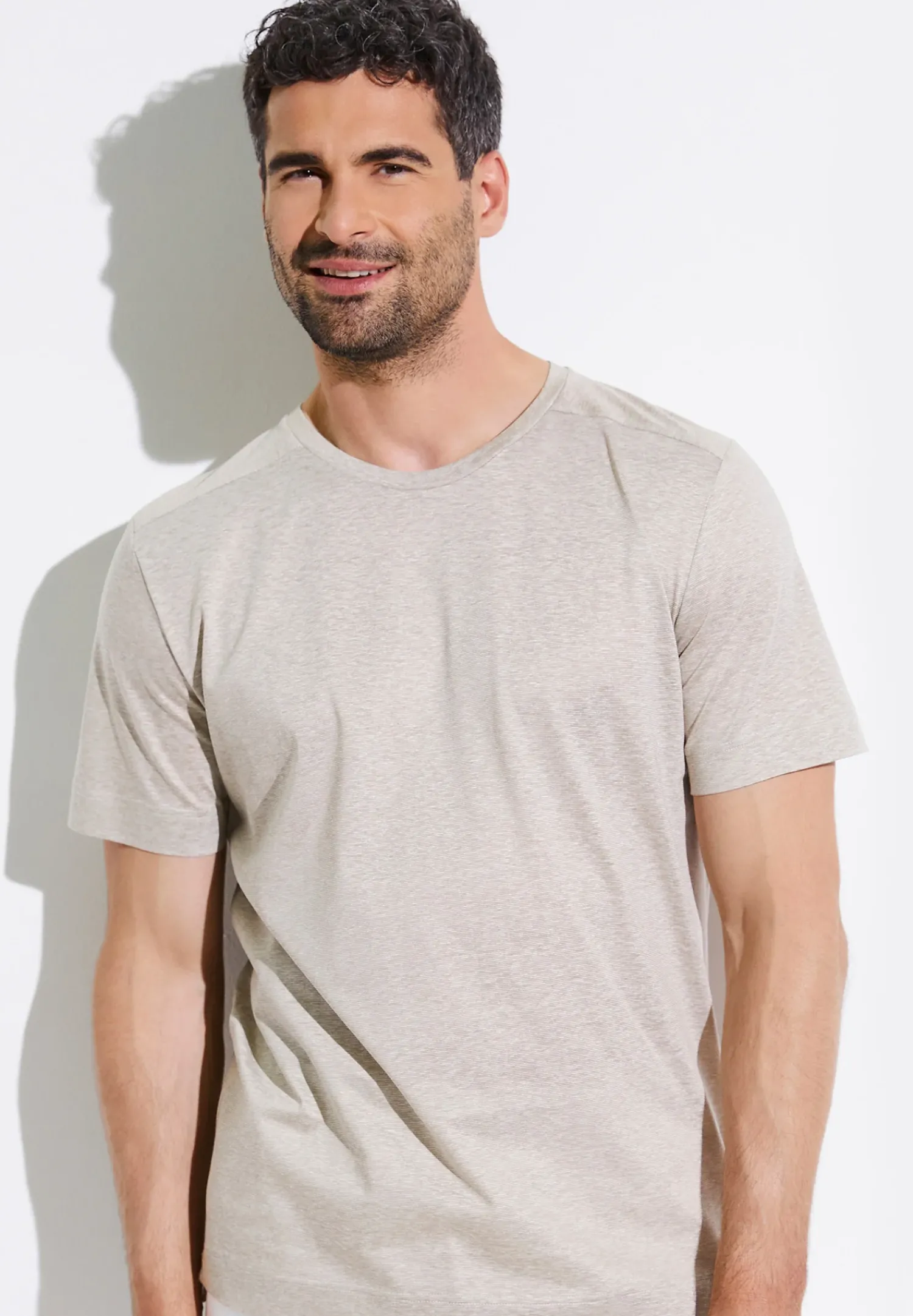 Zimmerli T-Shirts>Cotton/Linenstripes Shirtkurzarm-Sand